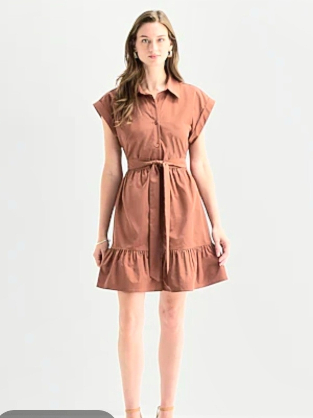 Baeverly Tie-Waist Mini Shirt Dress in Rust Brown Size Large